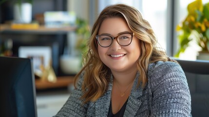 a smiling chubby woman with glasses, 
