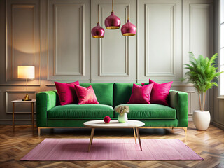 A green sofa adds a splash of color to this contemporary living space, harmonizing beautifully with viva magenta pink and red accents for a cohesive and inviting ambiance.