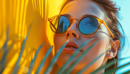 Young woman enjoys a sunny day, stylish in her sunglasses with reflections of palm leaves, evoking national sunglasses day and the essence of summer