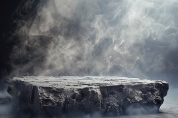 Podium black dark smoke background product platform abstract stage texture fog spotlight. Dark black floor podium dramatic empty night room table concrete wall scene place display studio smoky dust