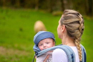 Happy Baby looking to camera while his mummy is holding and carrying it in a baby carrier