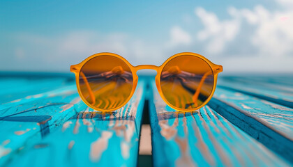 Vibrant photo featuring yellow sunglasses on a teal blue wooden backdrop with a hazy coastal view reflected in the lenses, representing relaxation and national sunglasses day