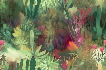Watercolor Cacti and Succulents in a Range of Green and Pink Tones Background Seamless Pattern