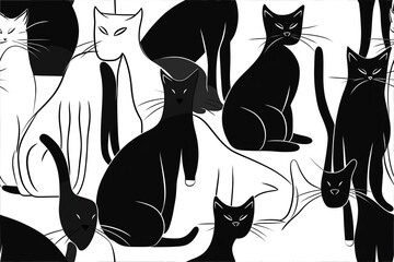 Minimalist Line Art Seamless Pattern with Black and White Cats