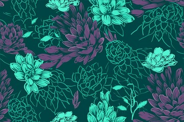 Watercolor Cacti and Succulents with Purple and Teal Blooms Background Seamless Pattern