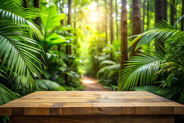 wood counter floor podium in nature outdoors tropical forest garden blurred green jungle plant background.natural product present placement pedestal stand display