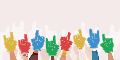 Fan foam fingers. Supporting hands signs with cheerleaders gloves. Football, baseball or basketball fans. Accessories for football match on stadium. Vector border or background with copy space 