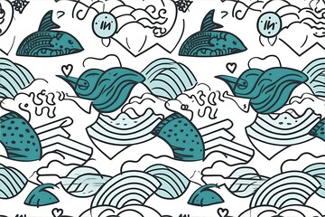 Minimalist Line Art Seamless Pattern with Playful Fish and Birds