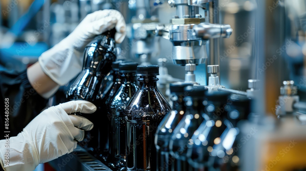 Poster close-up of a dedicated quality control specialist monitoring the robotic line for bottling and pack