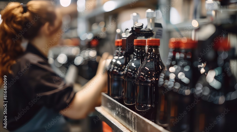 Poster close-up of a dedicated woman checking the efficiency of the robotic line as it fills bottles with c