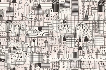 Minimalist Line Art Seamless Pattern with Urban Skyline and Architectural Elements