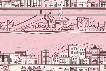 Minimalist Line Art Seamless Pattern with Urban Skyline and Cityscape in Pink Background Seamless Pattern