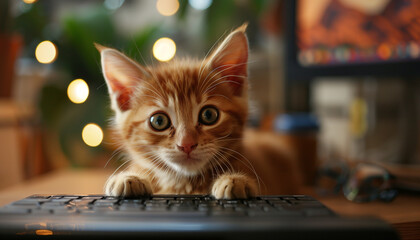 Ginger tabby kitten comfortably perches on a keyboard, intently observing the screen, symbolizing national take your cat to work day festivities in a cozy office environment