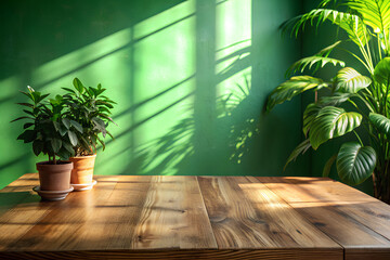 wood table green wall background with sunlight window