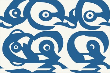 Minimalist Line Art Seamless Pattern with Bold Blue Fish