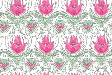 Colorful Lotus Flower Pattern with Delicate Line Art Background Seamless Pattern