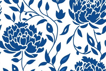 Blue Floral Silhouette Pattern with Peony Blooms and Leaves Background Seamless Pattern