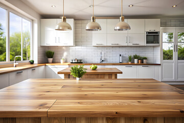 Wood table top counter and blur bokeh modern kitchen interior background in clean and bright
