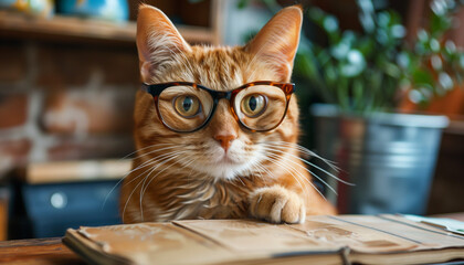 Stylish ginger cat with glasses sits at a wooden desk, symbolizing national take your cat to work day, blending pet companionship with a professional work environment