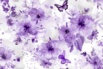 Ethereal Purple Floral and Butterfly Background Seamless Pattern