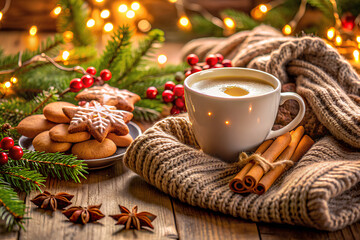 Christmas and winter cozy background with warm sweater, cookies, coffee and decorations