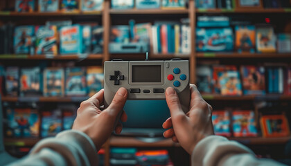 Hands holding a classic handheld video game console with a blurred background of various game cases, capturing the spirit of national video game day and retro gaming nostalgia