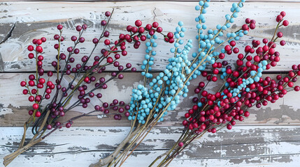 Turquoise and maroon berry arrangement on bleached wood  a refined Memorial Day.