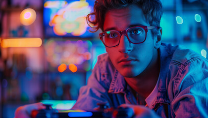 Young male gamer playing video games with focus and determination, illuminated by the vibrant neon lights of gaming room during national video game day celebrations