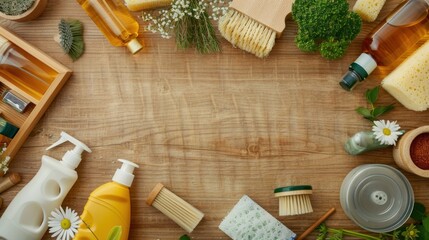 eco-friendly cleaning products, arranged in a pleasing composition on a wooden countertop.