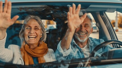 A middle-aged couple, driving off the car dealership lot in their new car, 