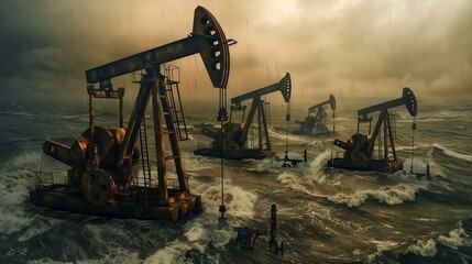 Outdoor photograph of offshore oil rigs in daylight