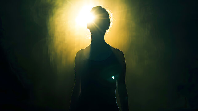 Silhouette of a woman in the darkness Night Photography Bright light shining behind dark mysterious figure Ghostly mystical surreal person standing : Generative AI