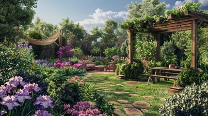 Obraz premium A lifelike outdoor garden brimming with irises in rich, vivid colors, and bushes adorned with pink and purple blooms