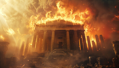 Dramatic apocalyptic scene unfolds with a historic temple engulfed in flames under a tumultuous sky, evoking a mood of chaos on pandemonium day