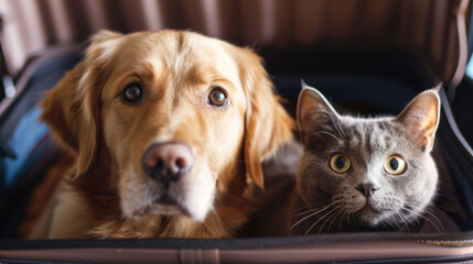 A golden retriever and gray cat are nestled in an open suitcase, preparing for a journey