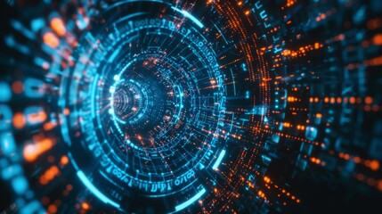 Obraz premium Futuristic Digital Tech Pattern with Green and Blue Matrix Tunnel