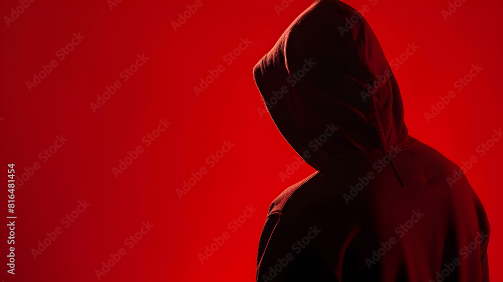 Poster Silhouette af man without face in hood on a red background Anonymous crime concept : Generative AI