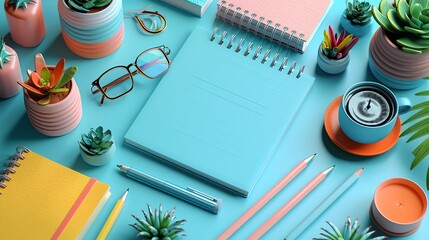 Lesson plan flat design top view learning theme 3D render Complementary Color Scheme,