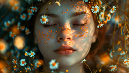 Serene image of a young woman with closed eyes, enveloped by colorful summer flowers and illuminated by the radiant glow of the summer solstice