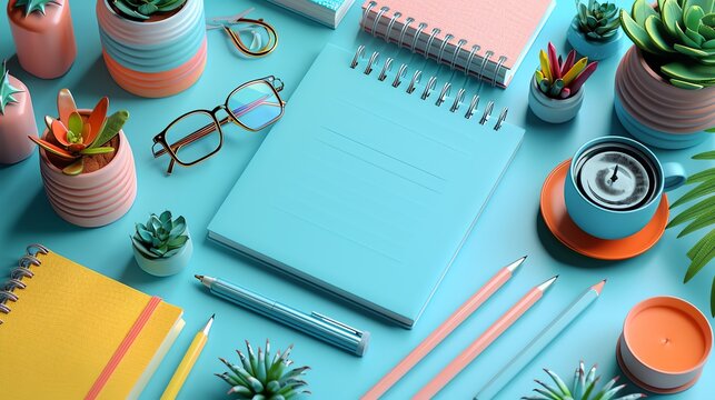 Lesson plan flat design top view learning theme 3D render Complementary Color Scheme,