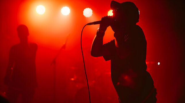 Silhouette of rap band performing on concert stage in bright red lights Unrecognizable young rapper singing on concert : Generative AI