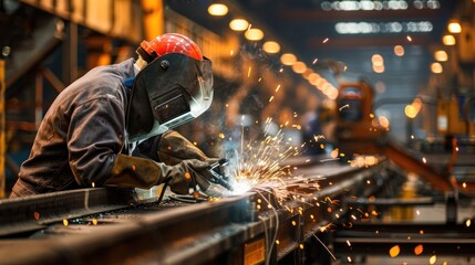man worker doing welding in factory