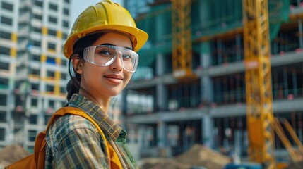 a young Indian female engineer with a warm smile, wearing safety glasses and a hard hat, 
