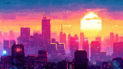 Obraz premium cityscape at sunset, with the buildings glowing in vibrant colors,watercolor painted background,