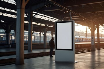 Mock up. Vertical advertising billboard, lightbox with empty digital screen on railway station. Blank white poster advertising, public information board stands at station in front of people and train.