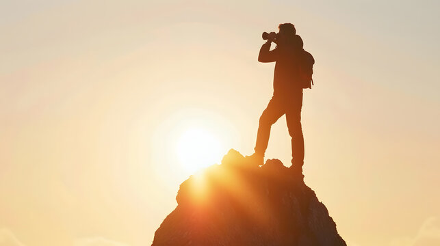 vision for success ideas businessmans perspective for future planning Silhouette of man holding binoculars on mountain peak against bright sunlight sky background : Generative AI