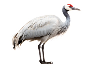 White Sandhill Cranes isolated on cut out PNG or transparent background. Siamese Crane is large bird. It has gray body and wings. Realistic bird clipart template pattern. 