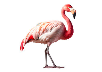 Pink white Flamingo bird isolated on cut out PNG or transparent background. It is kind of large bird. that like to live together in flocks numbering thousands. Realistic bird clipart template pattern.