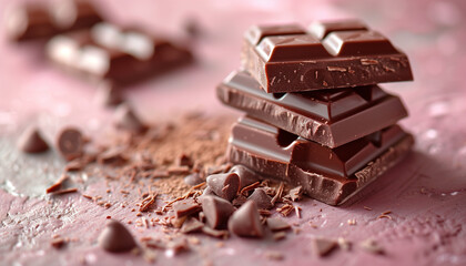 Closeup of stacked chocolate bars with scattered shavings and heartshaped pieces, celebrating world chocolate day against a lusciously tempting pink background