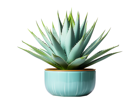 Agave plant in blue pot isolated on cut out PNG or transparent background. Edges of leaves have hard thorns. Plant that is born in desert and is very resistant to drought and lack of water.